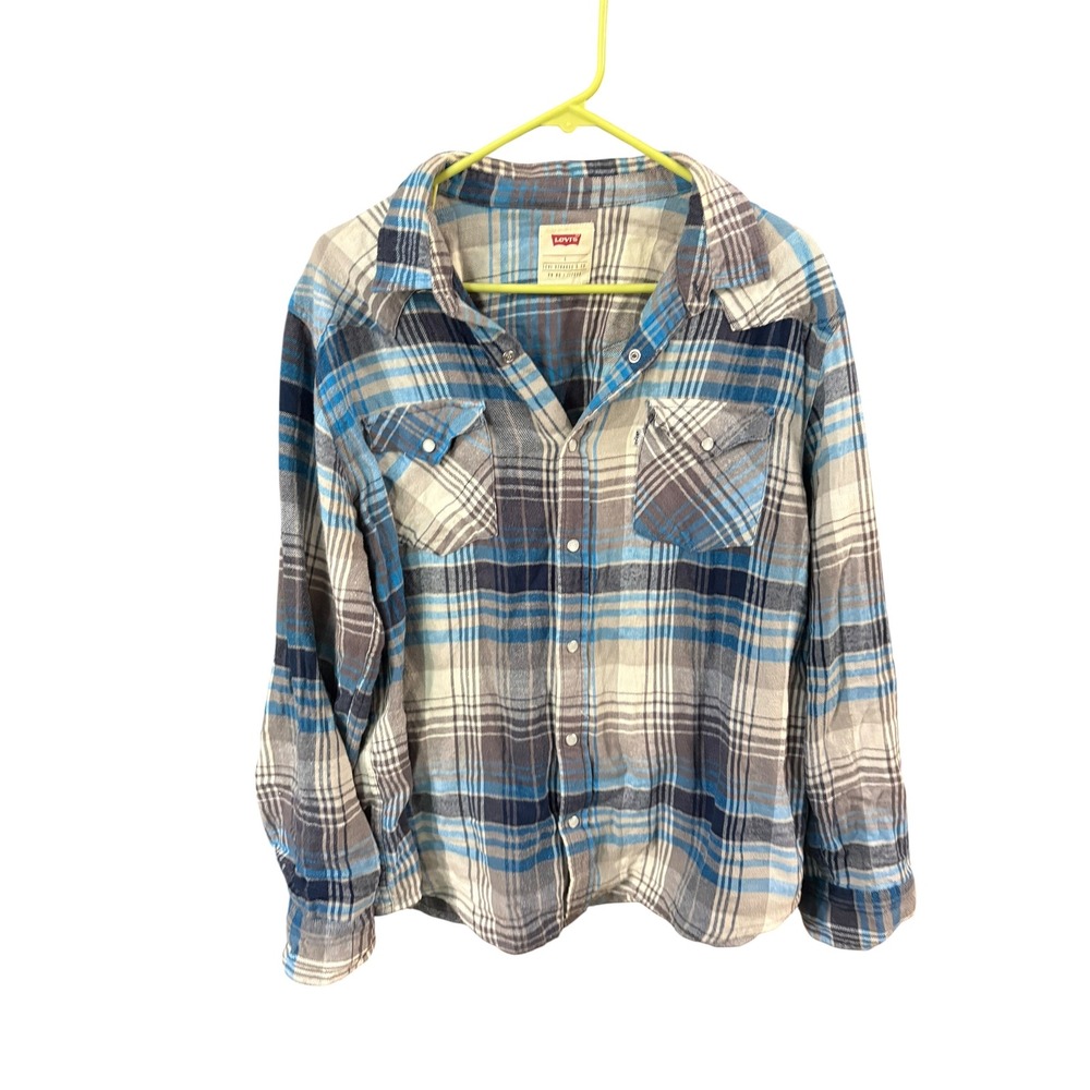 Levis Mens Western Plaid Flannel Snap Button Shirt‎ Blue Grey White Size L